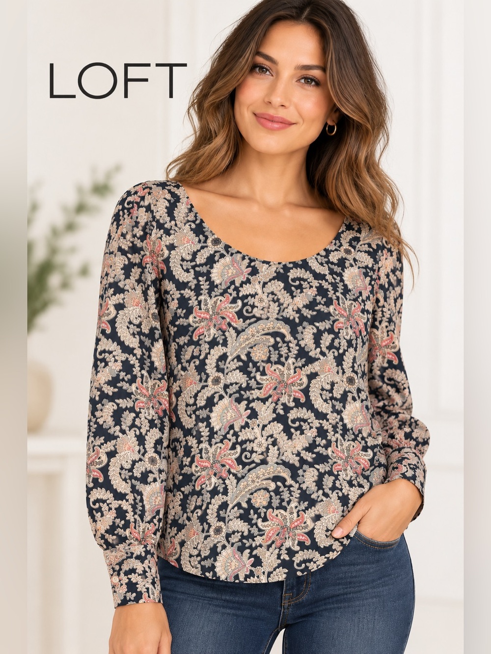 LOFT Women's Paisley Floral Long Sleeve Scoop Neck Blouse Black Size S